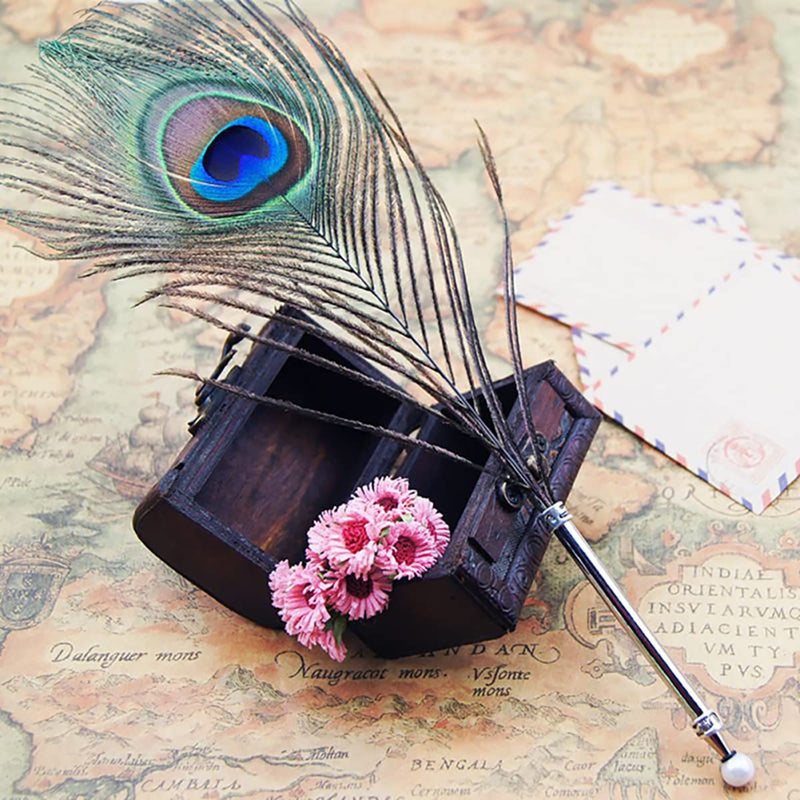 OPENDGO Peacock Feather Ballpoint Pen,Black Ink Vintage Feather Quill Refined Plated Rod Quill Ballpoint Pen For School Writing â–Wedding Gift Signature Pen (1*Peacock Feather Pen) - Image 1